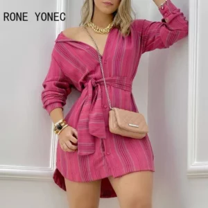 Women Casual Striped V neck Long Sleeves Sashes mini Sexy Sweat shirt Dresses - Image 2