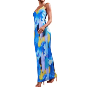 Color Printed Spaghetti Strap Maxi Dresses For Women Sexy V-neck Slim Backless Folds Dress Fashion Evening Party Elegant Vestido - Image 5