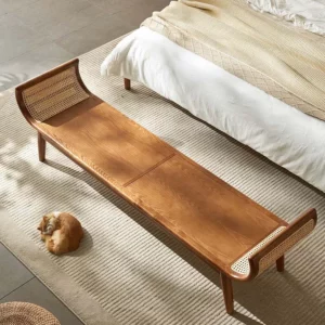 Luxury Solid Wood Velvet Footstool Ottoman Modern Rattan Bench Bed Stool For Livingroom Bedroom Hotel - Image 3