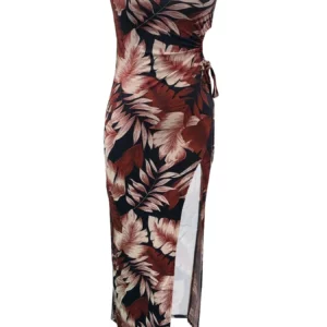 CM.YAYA Women Leaf Printed Strapless Sleeveless High Split Maxi Dress 2024 New Summer Sexy Evening Party Long Dresses Vestidos - Image 4
