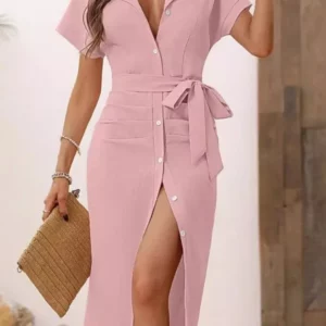 Women's Casual V Neck Short Sleeved Single-breasted Lace-up MIDI Dress Summer Solid Color Stylish Elegant Female Shirt Dresses - Image 1