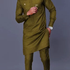 Men's luxury fashion casual navy blue striped print two-piece set - Image 5