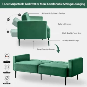 Living Room Sofa, Velvet Couch Convertible Sleeper Futon Sofas Bed with Tapered Metal Legs, Living Room Sofa - Image 4
