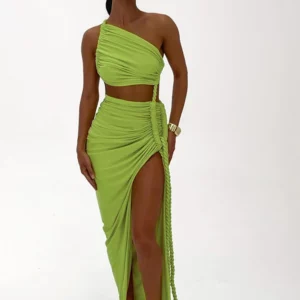 Beyprern Women Bandeau Dress Summer Ruched High Slit Slim Long Dress Casual Pleated Asymmetrical Party Dresses Vacation Outfits - Image 4