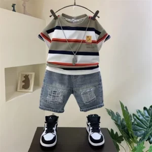 Boys Summer 2023 New Boutique Design Outfits Cotton Set Baby Boys Short Sleeve Shirt Jeans Shorts 2pcs Clothing Children 6 7 8Y - Image 3