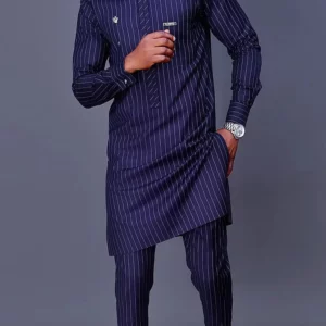 Men's luxury fashion casual navy blue striped print two-piece set - Image 3