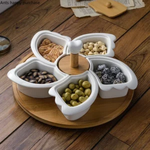 White Ceramic with Turntable Five Grid Fruit Plate with Wooden Lid Rotatable Snack Platter Dessert Snack Tray Fruit Plate Set - Image 2