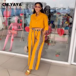 CM.YAYA Women's Set Half Sleeve Blouse Shirt and Striped Wide Leg Pants 2025 Summer Street Two 2 Piece Sets Outfits Tracksuit - Image 4