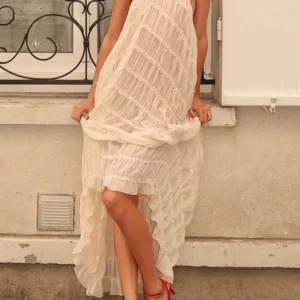TARUXY See Through Halter Neck Beach Maxi Dress For Women Sexy Backless Mesh Splice Lace Up Loose Hot Girl Vacation Party Dress - Image 5