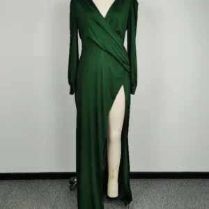 Women Elegant Solid Color V Neck Long Sleeve Satin Split Party Dress - Image 4