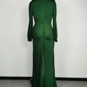 Women Elegant Solid Color V Neck Long Sleeve Satin Split Party Dress - Image 5