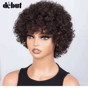 Short Pixie Afro Kinky Curly Wig Natural Brown Bob Wig with Bangs Brazilian Remy Human Hair Wigs Jerry Curly For Women - Image 6