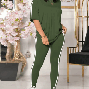 Summer Women's Two-Piece Set Loose Side Stripe Shoulder-Drop Solid Color Yoga Sportswear Short Sleeve Long Pants Commute Cool - Image 3