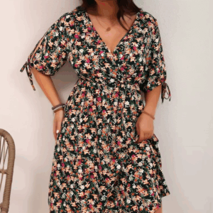 GIBSIE Plus Size Floral Print Holiday A-Line Dress 2025 Summer Women Elegant V-neck Tie Half Sleeve Elastic Boho Midi Dresses - Image 7