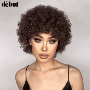 Short Pixie Afro Kinky Curly Wig Natural Brown Bob Wig with Bangs Brazilian Remy Human Hair Wigs Jerry Curly For Women - Image 3