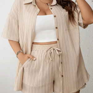 GIBSIE Plus Size Summer Two Piece Sets For Women 2024 Holiday Casual Button-up Short Sleeve Shirt with Elastic Waist Shorts - Image 6