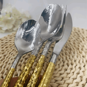 5pcs 304 Stainless Steel Gold Dinnerware Set Luxury Golden Cutlery Solid Hammed Handle Steak Knife Fork Spoon Teaspoon Tea Fork - Image 4