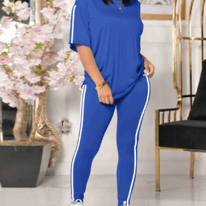 Summer Women's Two-Piece Set Loose Side Stripe Shoulder-Drop Solid Color Yoga Sportswear Short Sleeve Long Pants Commute Cool - Image 4