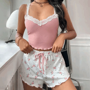 Women Pajama Set Lace Patchwork V-Neck Sleepwear Sexy Female Nighties Suit Cami Top Printed Shorts Soft Pyjamas Loungewear 2psc - Image 3