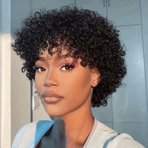 Short Pixie Afro Kinky Curly Wig Natural Brown Bob Wig with Bangs Brazilian Remy Human Hair Wigs Jerry Curly For Women - Image 7