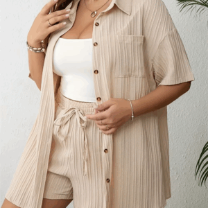 GIBSIE Plus Size Summer Two Piece Sets For Women 2024 Holiday Casual Button-up Short Sleeve Shirt with Elastic Waist Shorts - Image 4