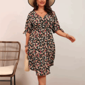 GIBSIE Plus Size Floral Print Holiday A-Line Dress 2025 Summer Women Elegant V-neck Tie Half Sleeve Elastic Boho Midi Dresses - Image 5