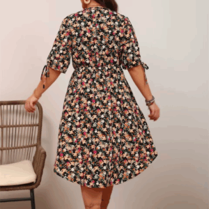 GIBSIE Plus Size Floral Print Holiday A-Line Dress 2025 Summer Women Elegant V-neck Tie Half Sleeve Elastic Boho Midi Dresses - Image 6