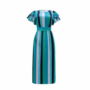 Striped Crew Neck Dress, Elegant Ruffle Sleeve Cinched Waist A-line Maxi Dress For Spring & Summer, Women's Clothing - Image 2