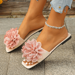 Crochet Flower Slide Sandals Woman Summer Pink Blue Floral Mule Slippers Ladies Rainbow Color Outdoor Vacation Slip-on Flat Shoe - Image 3