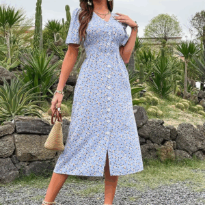 JIM & NORA Women Vintage Floral Blue Elegant V Neck Maxi Split Formal Birthday Even Dress Split Long Summer Sundress Casual - Image 6