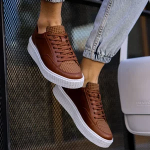 FOH Store Sneakers for Men TAN Artificial Leather 2023 Spring Autumn Casual Lace Up Fashion Shoes High Base Sport Comfortable Light Vulcanized Daily Original Canvas Odorless Orthopedic Suits Office Wedding 017 - Image 1