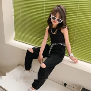 2022 Summer Children'S Clothing Sets Personalized Fashion Short-Sleeved Suit Girls T-Shirt + Hole Long Sweatpants Baby Kids Suit - Image 4