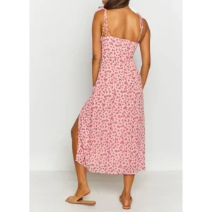 Summer Women Floral Print Chiffon Dress Elegant Party Sweetheart Neck Sleeveless Tie Spaghetti Strap High Slit Sexy Midi Dress - Image 3