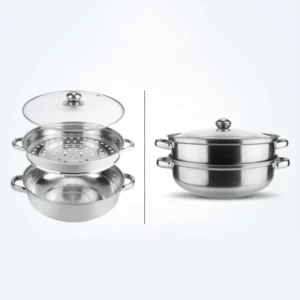 28cm 2-Layer Steamer Stainless Steel Kitchen Boiling Soup Steaming Pot with Lid for Home Silver Hot Pot Steamer Veg Cooker - Image 2