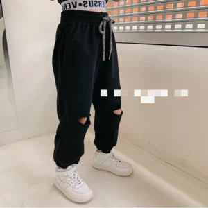 2022 Summer Children'S Clothing Sets Personalized Fashion Short-Sleeved Suit Girls T-Shirt + Hole Long Sweatpants Baby Kids Suit - Image 6