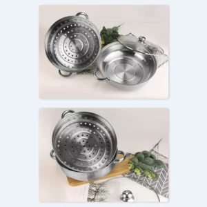 28cm 2-Layer Steamer Stainless Steel Kitchen Boiling Soup Steaming Pot with Lid for Home Silver Hot Pot Steamer Veg Cooker - Image 3