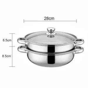 28cm 2-Layer Steamer Stainless Steel Kitchen Boiling Soup Steaming Pot with Lid for Home Silver Hot Pot Steamer Veg Cooker - Image 5