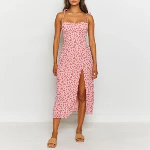 Summer Women Floral Print Chiffon Dress Elegant Party Sweetheart Neck Sleeveless Tie Spaghetti Strap High Slit Sexy Midi Dress - Image 1