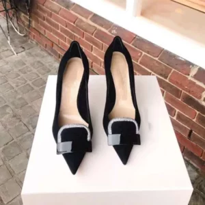 Shiny square metalic pointed toe elegant single shoes woman crystal rivets slip on pumps stiletto high heels pearl velvet shoes - Image 1