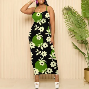 Spaghetti Strap Midi Dress Green Floral Print Bodycon Summer Casual Beachwear - Image 1