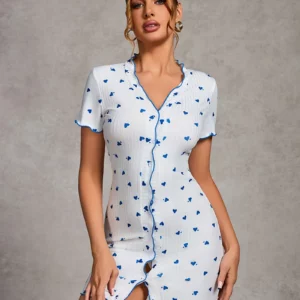 Women's Sleepwear Cardigan Buttons Sexy V-neck Rolled Edge Love Print Comfortable Slim nightgown Homewear - Image 4