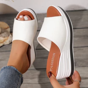 White PU Leather Wedge Heel Slippers Women Plus Size Fashion Peep Toe Platform Sandals Woman 2025 Summer Thick Sole Beach Slides - Image 1