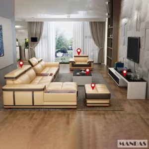 Elegant Living Room Sofas - MINGDIBAO Italian Genuine Leather Sectional Sofa Set with Adjustable Headrests and Bluetooth Speaker - Image 3
