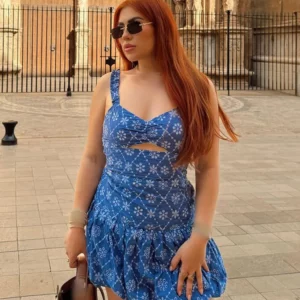TRAFZA Summer New Fashion Woman Dresses Blue Sleeveless Backless Hollow Out Embroidery Zipper Female Beach Style Mini Dress - Image 1