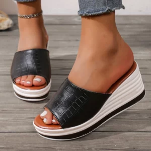 White PU Leather Wedge Heel Slippers Women Plus Size Fashion Peep Toe Platform Sandals Woman 2025 Summer Thick Sole Beach Slides - Image 4