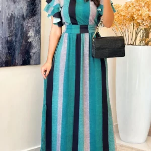 Striped Crew Neck Dress, Elegant Ruffle Sleeve Cinched Waist A-line Maxi Dress For Spring & Summer, Women's Clothing - Image 1