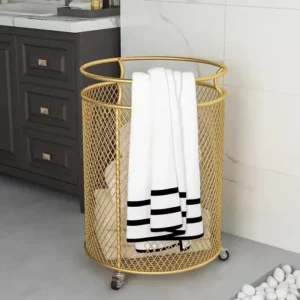 Metal Wheel Basket Gold Color Dirty Clothes Storage Handle Laundry Basket with Wheels Home Creative Organizer for Clothes Toys - Image 4