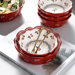 Cherry Ceramic Bowl Retro Vegetable Salad Bowl Fruit Bowl Steamed Egg Bowls Dessert Snack Bowls Restaurant Ceramic Tableware - Image 4