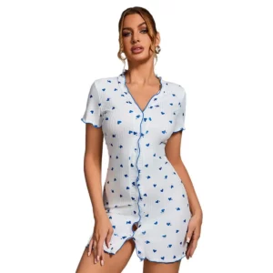 Women's Sleepwear Cardigan Buttons Sexy V-neck Rolled Edge Love Print Comfortable Slim nightgown Homewear - Image 2