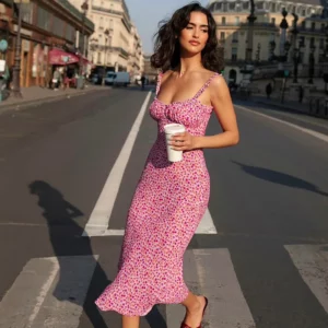 Women's New 2025 Summer Sexy Bohemian Vacation Style Small Floral Strap Swing long Dress - Image 1
